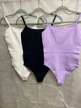 Women Ribbed One-Piece Bodysuit - Lavender, Black, White